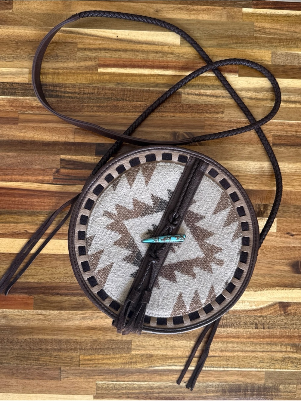Justin South Western Round Canteen Aztec Purse Turquoise Stone Fringe Crossbody